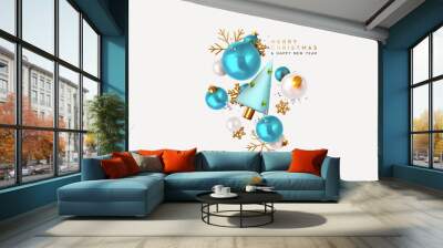 Merry Christmas and Happy New Year. Xmas Festive background with realistic 3d objects, blue and white bauble balls, conical metal christmas tree. Gold snowflake. Levitation falling design composition. Wall mural