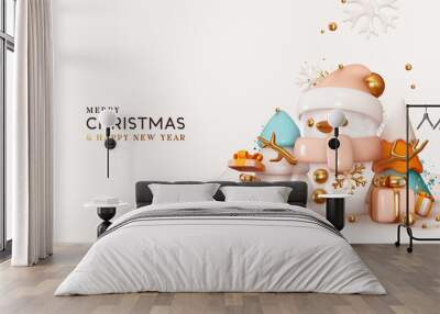 Merry Christmas and Happy New Year. Xmas Festive background. Realistic 3d design glass white snowman cute winter character, Abstract cone trees, gift boxes. Greeting card, Holiday banner, web poster Wall mural