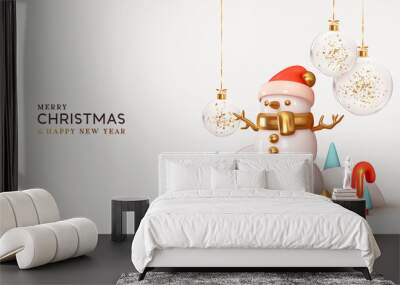 Merry Christmas and Happy New Year. Xmas Festive background. Realistic 3d design white snowman cute winter character, Abstract cone trees, snow balls drifts. Holiday Greeting card, banner, web poster. Wall mural