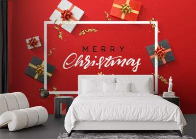 Merry Christmas background. Christmas composition. gift, confetti, golden snowflake and Xmas balls. Wall mural