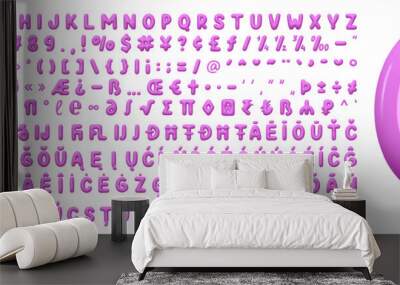 Multilingual font complete with all symbols and signs and numbers. Font realistic 3d design plastic cartoon style, lilac colors. Language support French, German. Vector illustration Wall mural