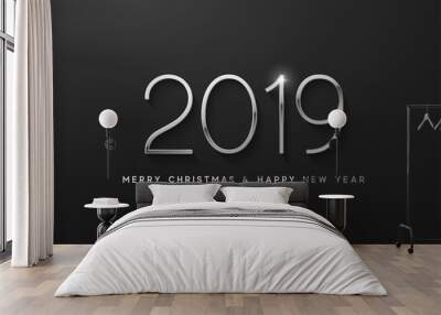 New Year 2019 the silver font numbers. Elegant white label. Wall mural