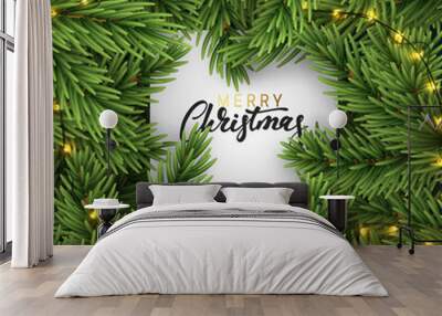 Pine fir background realistic fluffy branches. Christmas tree branches. Frame of green branch of pine and gold string garland lights. Festive Xmas border. vector illustration. Wall mural