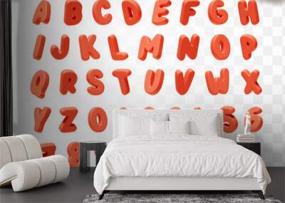 Red Font realistic 3d design. Complete alphabet and numbers from 0 to 9. Collection of large letters in cartoon style. Fonts are voluminous with different slants. Vector illustration Wall mural