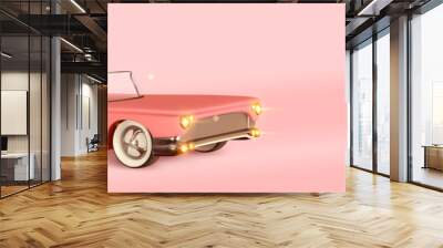 Retro convertible car pink color. Vintage Luxury stylish car with an open top. Horizontal banner, template header for website. Minimal poster. Realistic 3d design of the object. Vector illustration Wall mural