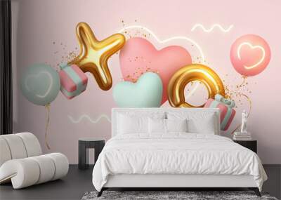 Romantic creative composition. Happy Valentine's Day. Realistic 3d festive decorative objects, heart shaped balloons and XO symbol, falling gift box, glitter gold confetti. Holiday banner and poster. Wall mural