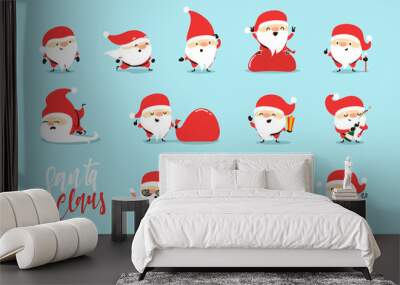 Santa Claus collection of Christmas. Funny cartoon character with different emotions. Santa Claus ready new year. Wall mural