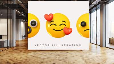 Set Icon Smile Emoji. Realistic Yellow Glossy 3d Emotions face Happy in love, evil and joyful devil, surprise. Pack 7. Vector illustration Wall mural