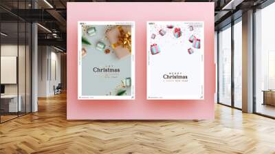 Set of Christmas and New Year holiday gift cards. Xmas banners, web poster, flyers and brochures, greeting cards, group bright covers. Design with realistic Christmas decoration objects gift box Wall mural