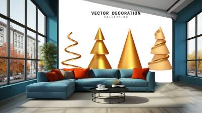 Set of Christmas tree. 3d render collection of golden and beige sharp cone shapes, lush pine and spruce green tree. abstract decorative. Xmas object isolated on white background Wall mural