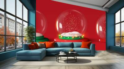 Set of Glass snow globe Christmas decorative design. Podium under transparent glass dome with white snowdrift, and glow garland. Xmas red round scene. Red and white Studio. Stand for Promotion Product Wall mural