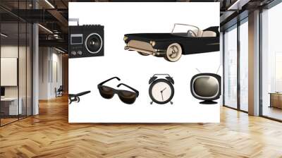 Set of realistic 3d design objects, black convertible car, retro tape recorder, modern sun goggles, vintage TV, sports skateboard, music column, alarm clock. Vector illustration Wall mural