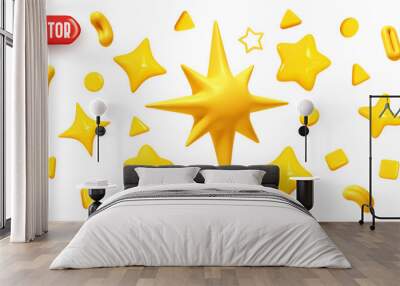 Set of stars and various decorative elements for festive New Year and Christmas designs. Yellow stars realistic 3d design in cartoon plastic style. vector illustration Wall mural