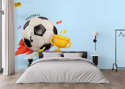 Soccer ball with golden cup. Creative concept background with sports attributes design elements. Realistic 3d object cartoon style. Sports football game. vector illustration Wall mural