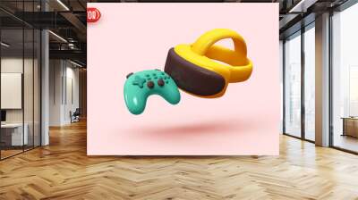 Virtual reality glasses and gaming controller. Futuristic realistic 3d creative concept design. Modern technological devices. game element. Minimal trendy In plastic cartoon style. vector illustration Wall mural