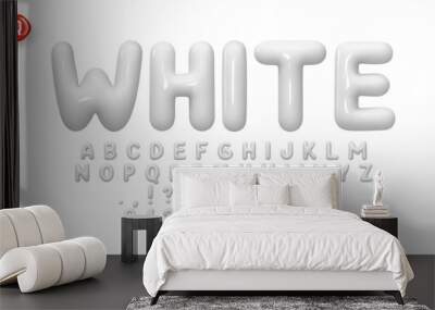 White Font realistic 3d design. Complete alphabet and numbers from 0 to 9. Collection Glossy letters in cartoon style. Fonts voluminous inflated from balloon. Vector illustration Wall mural