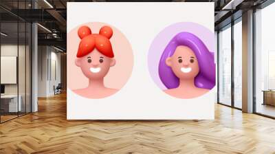 Woman avatar face with smile. Icon user person. Close-up faces of women and young girl in round frame. Set of People happy joyful. Realistic 3d design in cartoon style. vector illustration Wall mural