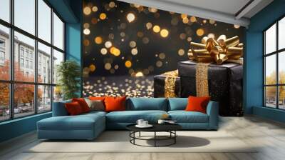 A beautifully wrapped gift box with a gold bow, surrounded by sparkling lights and glitter, perfect for celebrations. Wall mural