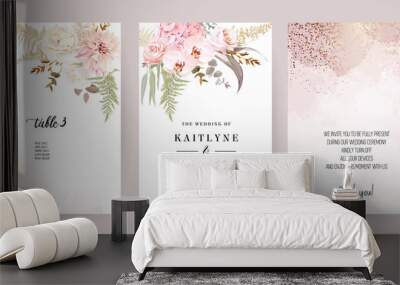 Dusty pink and ivory beige rose, pale hydrangea, fern, dahlia, ranunculus, fall leaf Wall mural