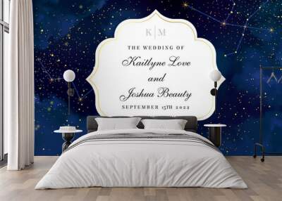 Magic night dark blue sky with sparkling stars vector wedding invite card. Wall mural