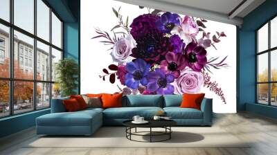 Marvelous violet, purple and burgundy anemone, dusty mauve and lilac rose, dark dahlia Wall mural