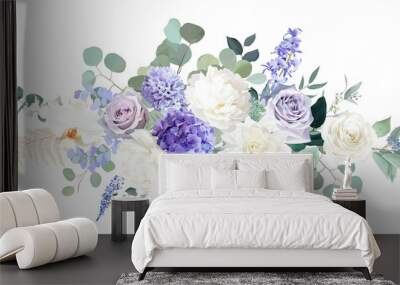 Pale purple rose, dusty mauve and lilac hyacinth, hydrangea, white dahlia, peony, orchid, dried fern Wall mural