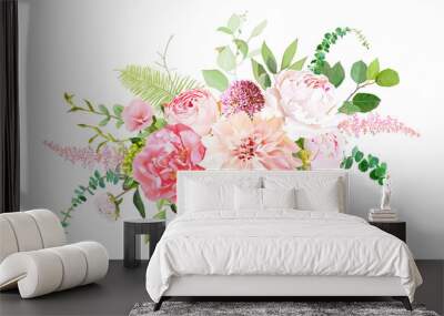 Pink garden roses, ranunculus, peony, allium, dahlia flowers vector design bouquet. Wall mural