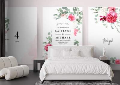 Silver sage green and trendy barbie pink flowers vector design frames. Rose, white peony, orchid, hydrangea, ranunculus Wall mural