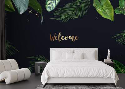 Tropical banner arranged from exotic emerald leaves and golden glitter Wall mural