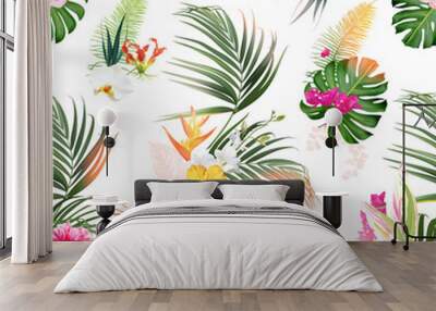 Tropical greenery print with exotic palm leaves, bright hot pink exotic flowers, monstera Wall mural