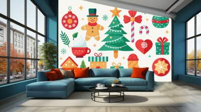 Christmas festive elements collection with tree, gift, gingerbread, and decorations for holiday designs Wall mural