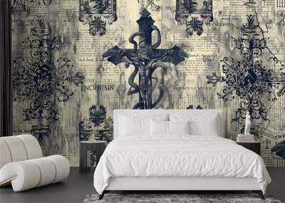 Monochrome Caduceus on Vintage Newsprint Wall mural