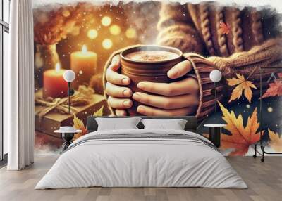 Hands cradling a warm mug of cocoa coffee, set against a backdrop of falling autumn leaves and the cozy ambiance Wall mural