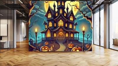 Haunted house standing tall in the middle of a spooky landscape Halloween illustration Wall mural