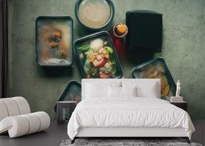 Containers with tasty takeout meals on dark background, top view. Food delivery Wall mural