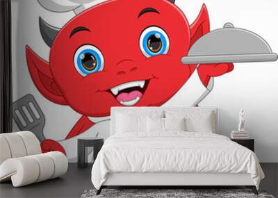 cartoon chef little devil carrying a tray of food Wall mural