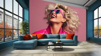 Blond young happy woman laughing wearing 80s fashion in Stylish woman posing as supermodel Wall mural