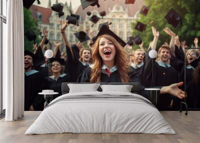 Caucasian Graduates celebrating with their graduation caps and certificates, laughing and cheering at the graduation ceremony Wall mural