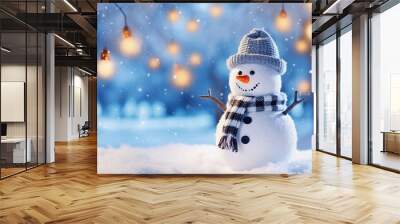 Christmas decoration with a cute cheerful snowman in the snow in a winter park with beautiful bokeh Wall mural