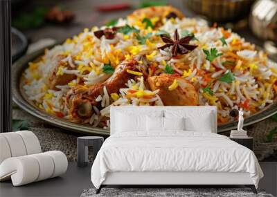 Classic-style painting of a steaming plate of chicken biryani served with aromatic spices and garnishes Wall mural