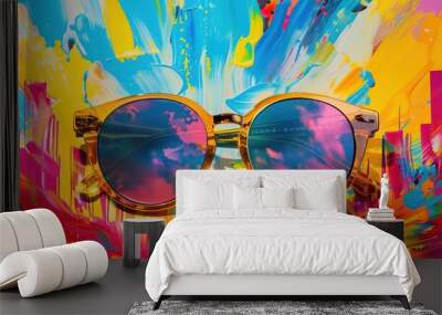 Energetic bursts of color surrounding trendy sunglasses Wall mural