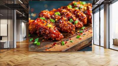 Gastronomic picture of a 2 michelin star's spicy korean fried chicken tenders with a lot of CHILI SAUCE and crumbles on a woodtable Wall mural