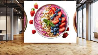 Set of A vibrant berry smoothie bowl topped with fresh strawberries, blueberries, and a sprinkle of granola, isolated on a transparent background Wall mural