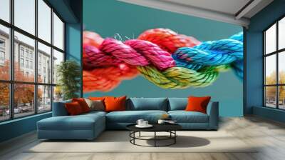 Team rope diverse strength connect partnership together teamwork unity communicate support. Strong diverse network rope team concept integrate braid color background Wall mural