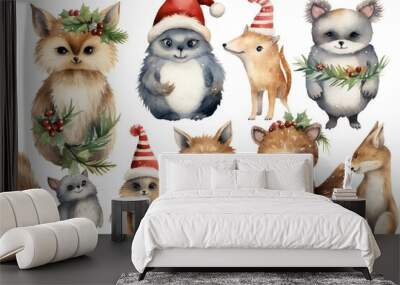 Watercolor christmas animals clip art on white background Generative AI Wall mural