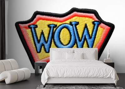 wow embroidered patch badge on isolated transparent background png, generative ai Wall mural