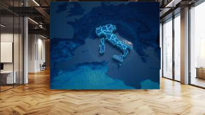 Abstract  geometric futuristic concept 3d Map of Italy with borders as scribble,  blue neon style. 3d rendering Wall mural