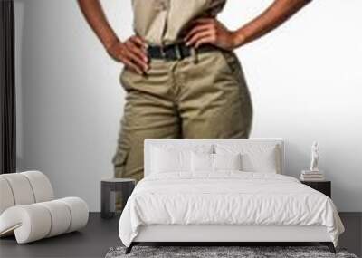 african american army woman wearing safari outfit on white background Wall mural