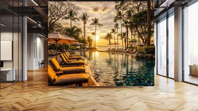 Beautiful luxury umbrella and chair around outdoor swimming pool in hotel resort with coconut palm tree at sunset times Wall mural