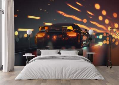 Black sports car on the road at night. Generative AI Wall mural